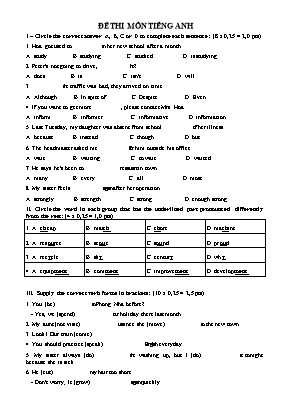 Đề thi môn Tiếng Anh Lớp 8